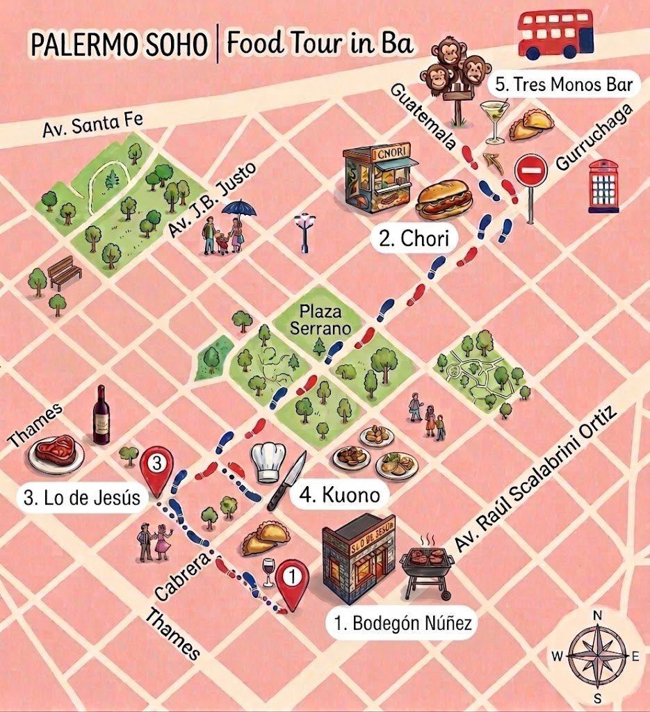 Mapa ilustrado del recorrido a pie por Palermo Soho, con las 5 paradas numeradas